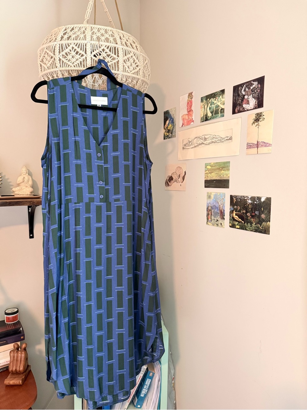 Corey Lynn Calter Sleeveless Midi Dress in Blue & Green Geometric Print